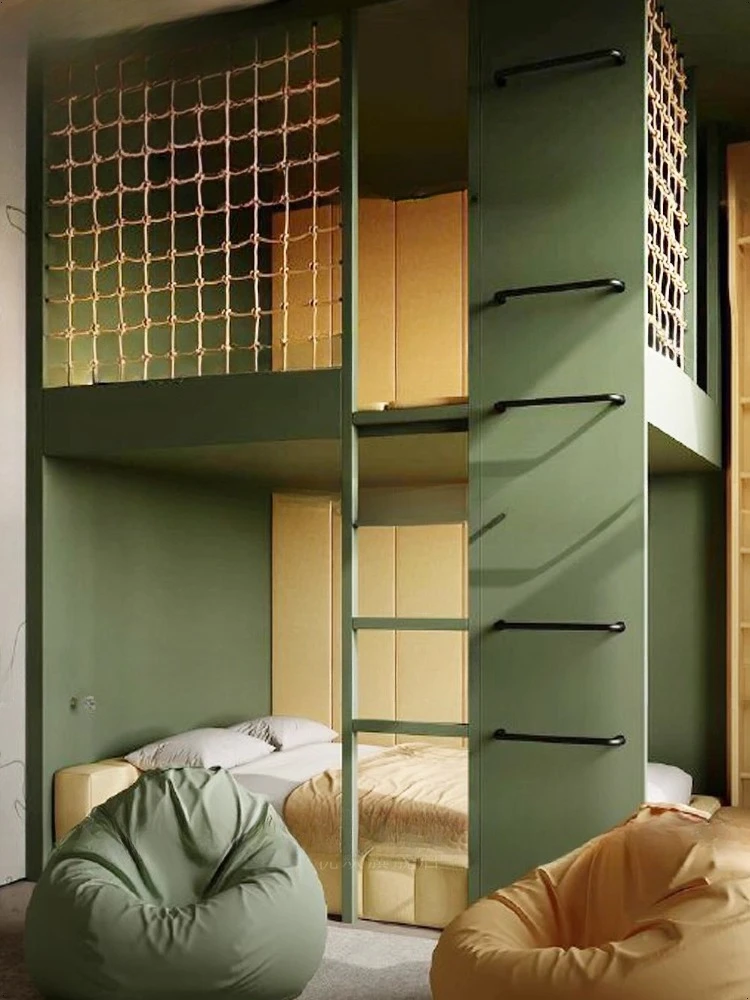 Nowoczesne minimalistyczne łóżko, łóżko w kształcie domku na drzewie, domek do zabawy dla dzieci z możliwością wspinaczki