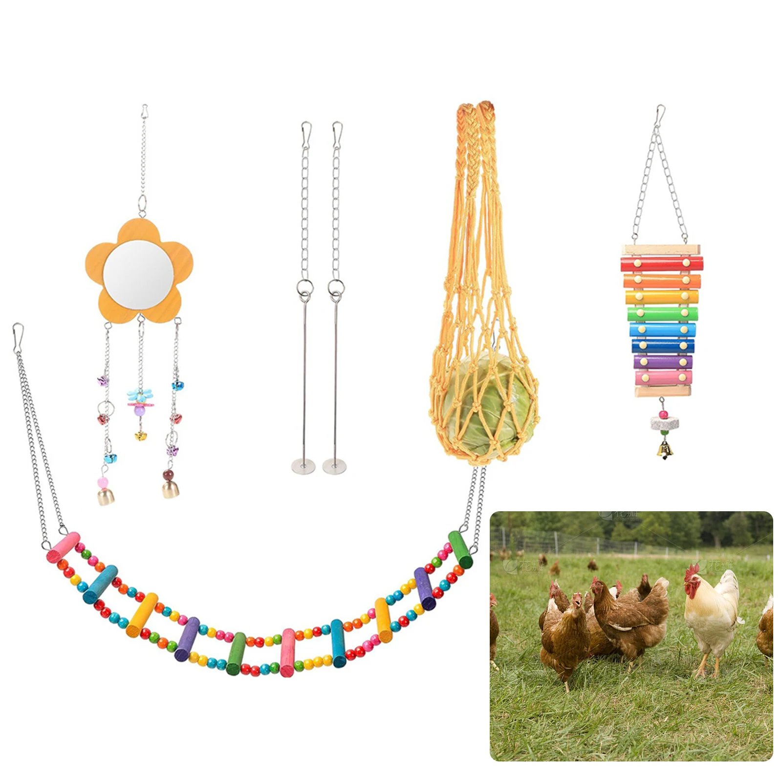 

7PCS Chicken Toy Set with Wooden Hanging Feeder Parrot Playing Training Toys for Budgerigar Parakeet Conure Cockatiel Mynah