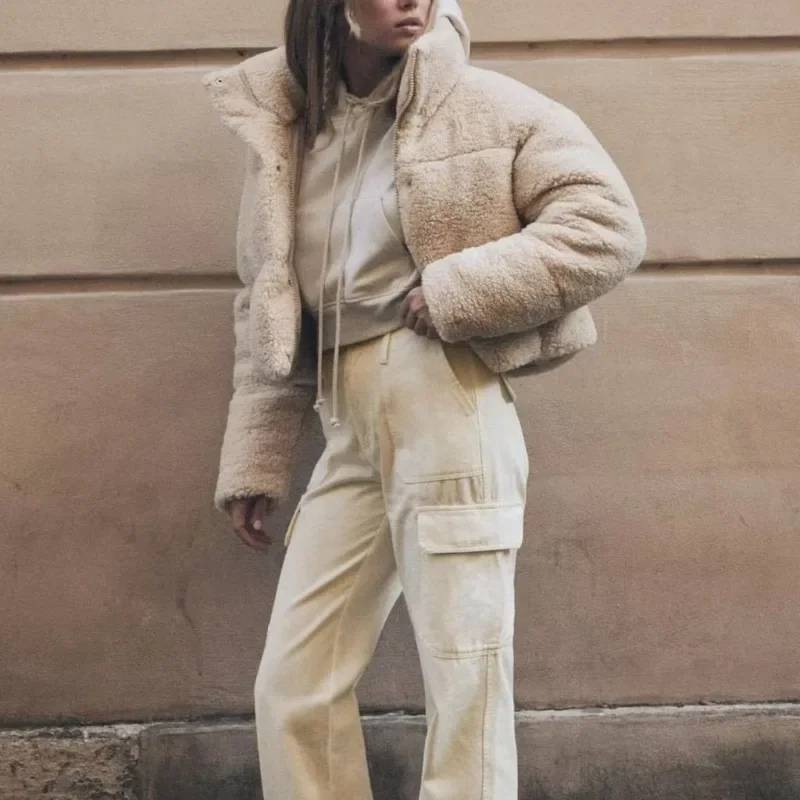 2025 Cappotto invernale in lana di agnello da donna nuovo Casual Stili corti Parka Moda Colletto in piedi Cerniera Giacca calda ispessita per donna
