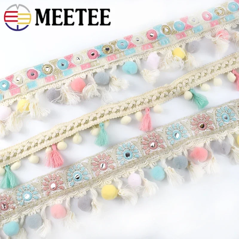 1/2Meter Meetee Pompom Trim Ball Tassel Lace Fabric Cotton Kintted Beaded Ribbon DIY Crafts Home Decoration Sewing Accessories