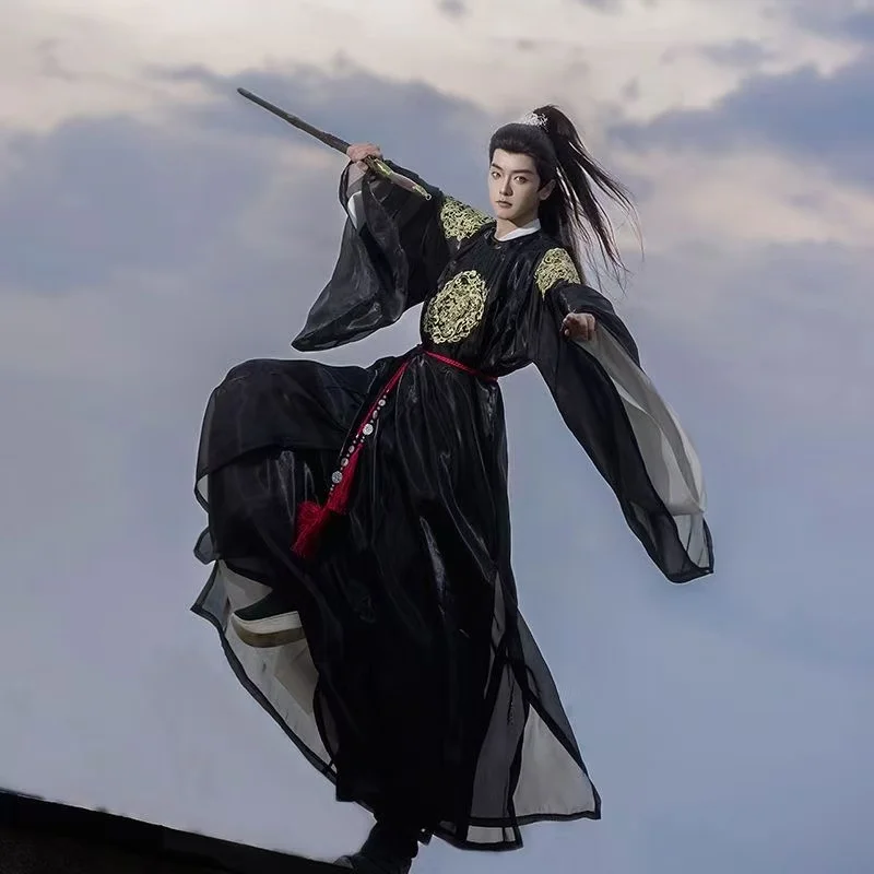 

Classic Men's Embroidery Hanfu Tang Dynasty Round Neck Long Robe Halloween Royal Guards Cosplay Suit Street Stage Show Outfits