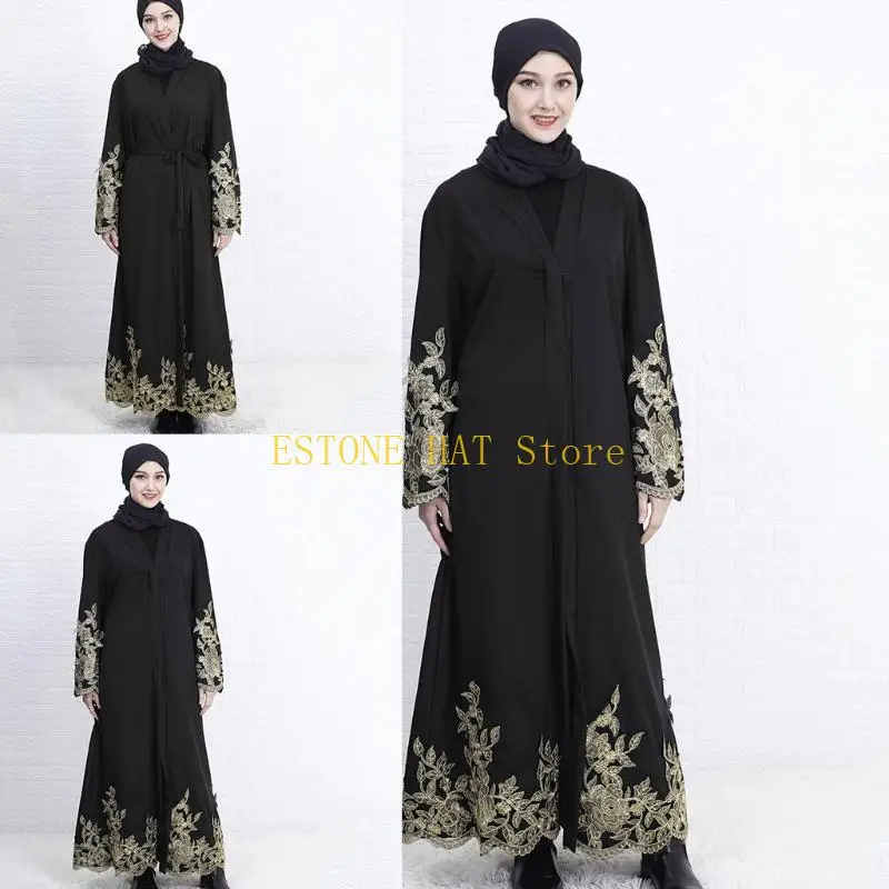 49MF Women Muslim Long Sleeve Maxi Dress Abaya Robe Embroidery Floral Dubai Kaftan