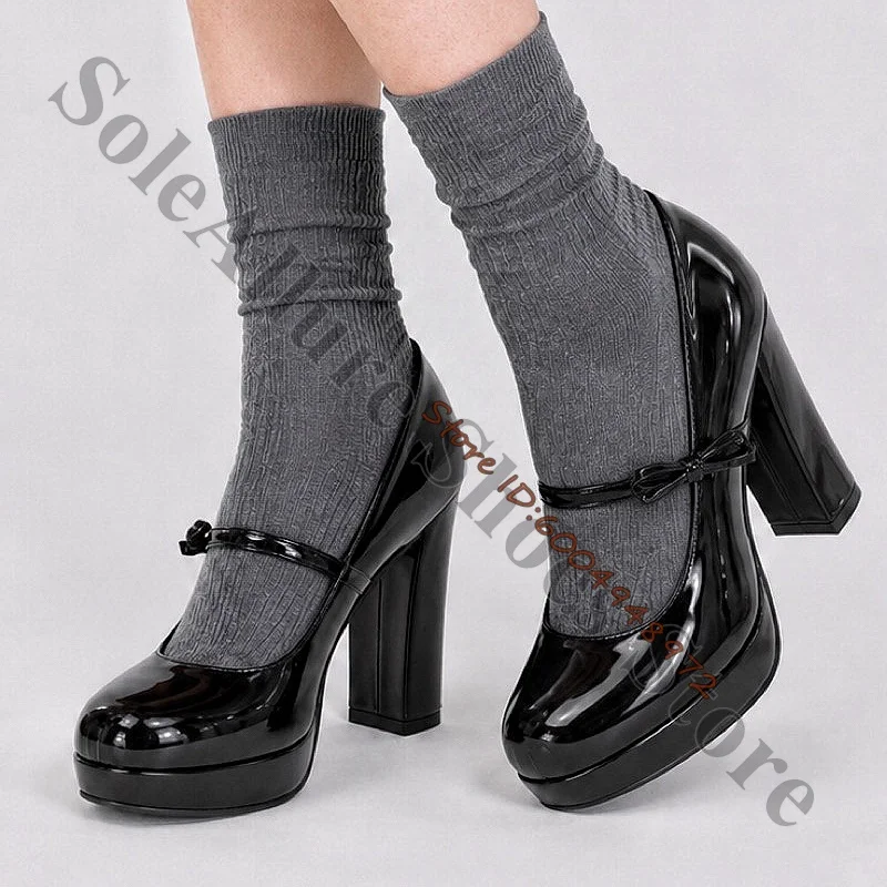 Glossy Black Patent Mary Jane Sandals Mini Bow Single Strap Platform Block Heel Shoes Y2K Preppy Retro Daily Dress Heels