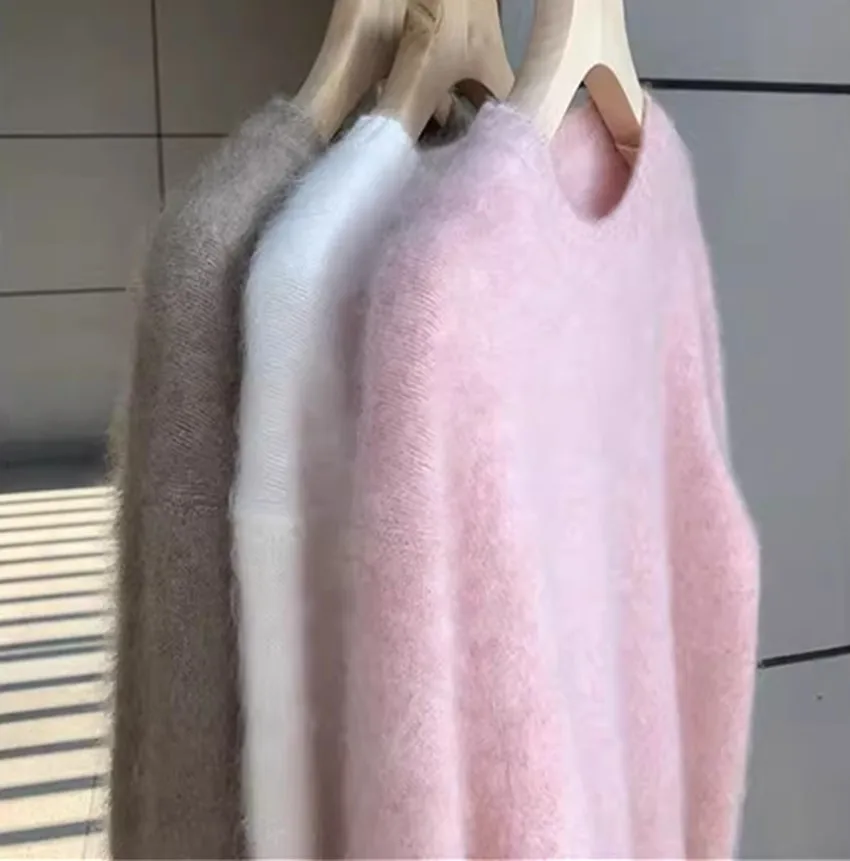 Jersey suelto de imitación de visón para mujer, suéter blanco de punto de Mohair, manga larga, cuello redondo, moda elegante, suave y grueso, Otoño e Invierno