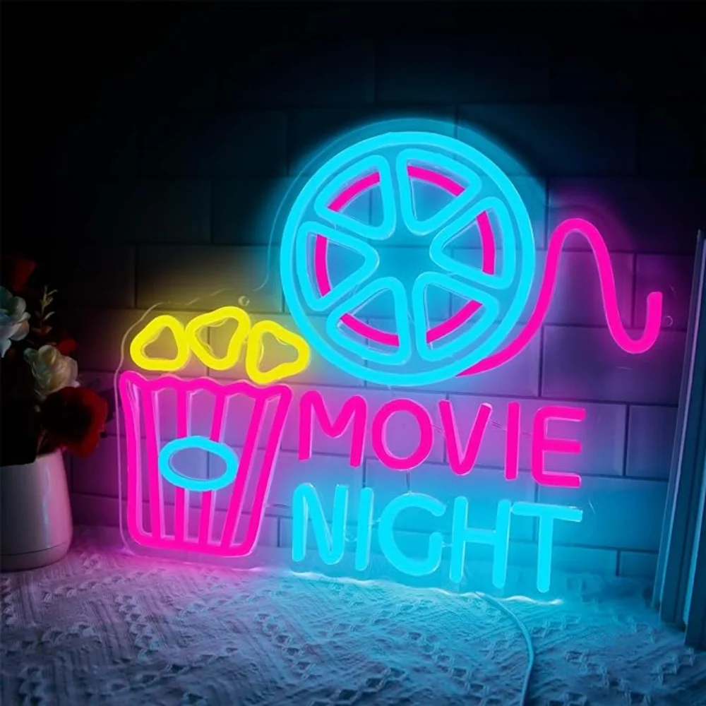 Movie Night with popcorn carton neon, movie theater LED neon for wall decoration, movie home theater decoration, dimmable USB