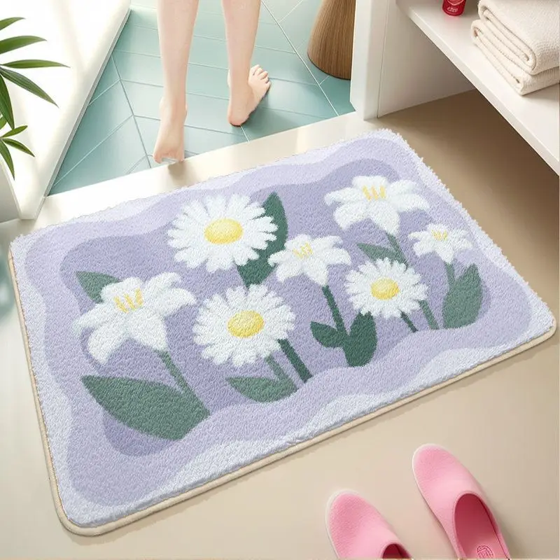 VIKAMA Purple Daisy Bath Mat Lavender White Flower Non Slip Soft Plush Bathroom Rug Absorbent Floor Mat for Shower Tub Bedroom