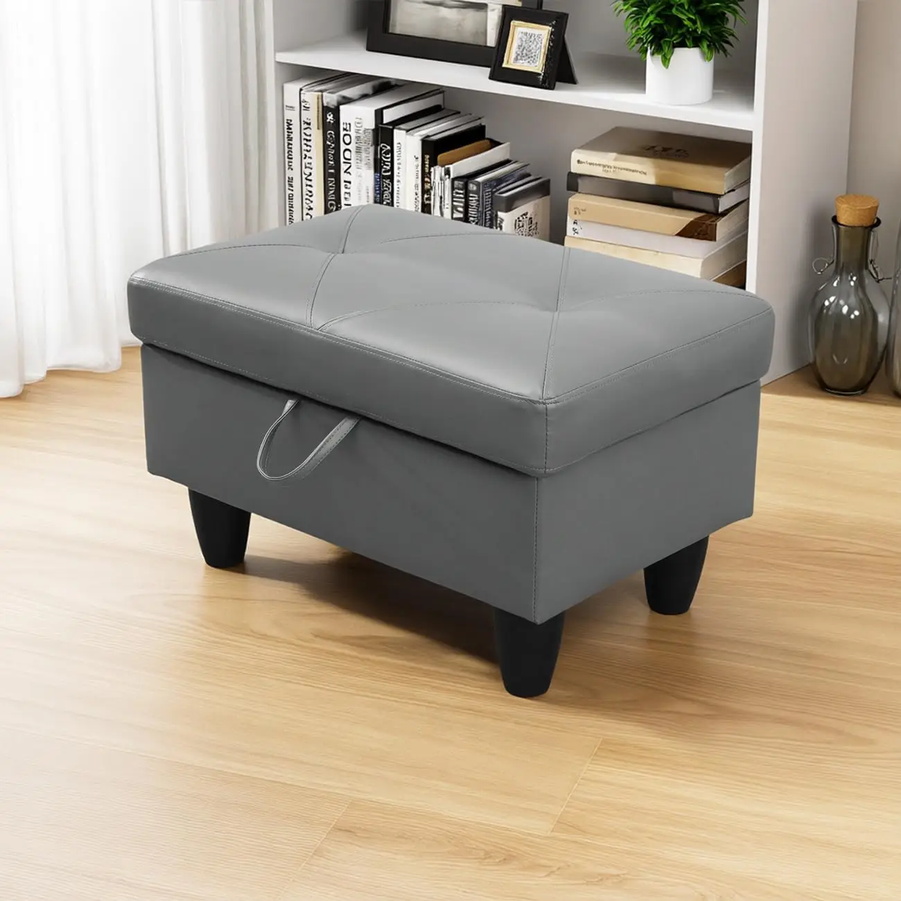 Square Storage Ottoman Bench with Leather Upholstery, 28.5-Inch Large Footstool & Coffee Table, Thick Cushion Foot Rest for Living Room, Bedroom, Entryway, Home Decor, RV Car, Loft, Grey