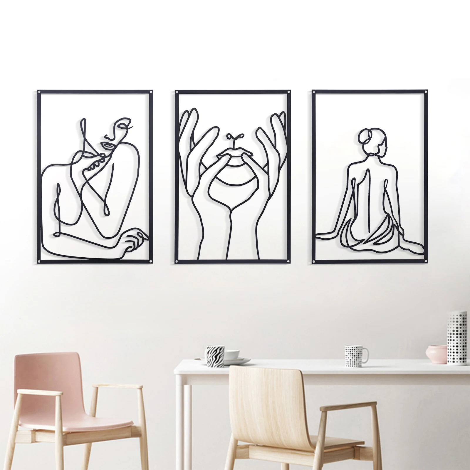 

Set of 3 Black/Gold Modern Abstract Female Single Line Minimalist Decor Metal Home Hanging Wall Art Decor (Face + Women + Back)