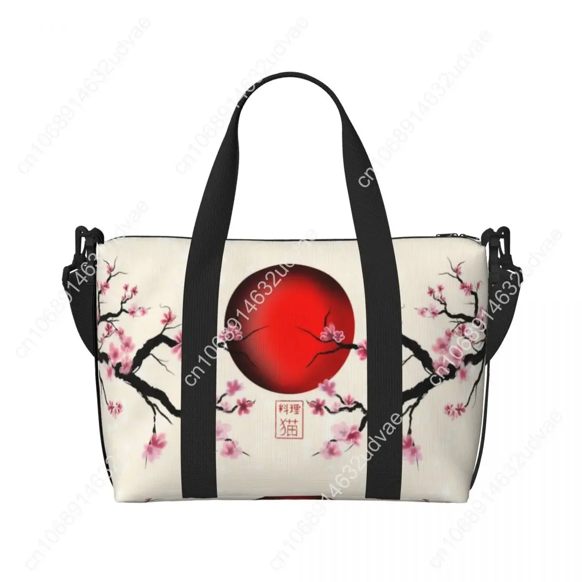 Tas Tote Wanita Motif Bunga Sakura Jepang Kustom Dengan Gambar Matahari Merah Terbit, Kapasitas Besar, Tas Bahu Untuk Gym, Pantai, dan Perjalanan