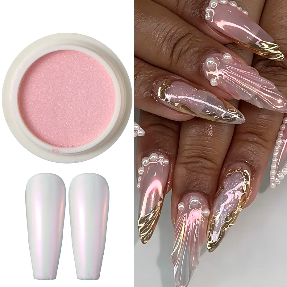 6 Gläser Aurora Chrom-Spiegel-Nagelpuder Schillerndes Perlmutt-Metallpigment Gold Silber Rosa Weiß Nagelglitter-Dekoration – Detail 3