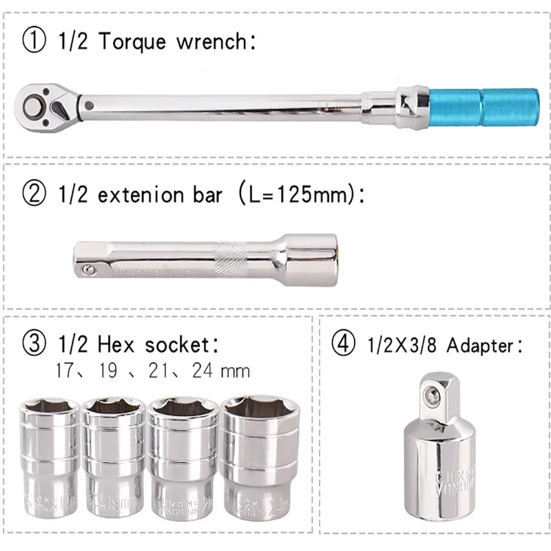 Industrial Grade Torque Wrench Set Double Scale Pre Set Type Ratchet Torque Wrench Sleeve Tire Adapter Extension Rod