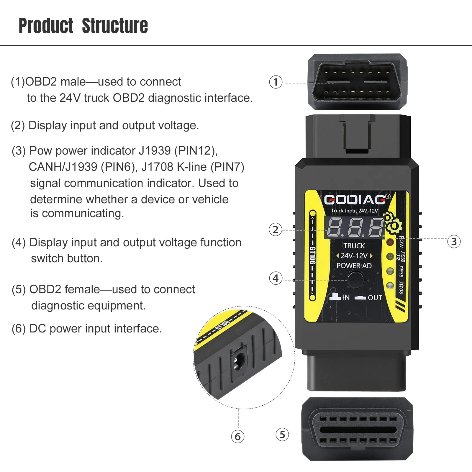 Godiag GT106 24V to 12V Heavy Duty Truck Adapter for X431 for Truck Converter Heavy Duty Vehicles Diagnosis