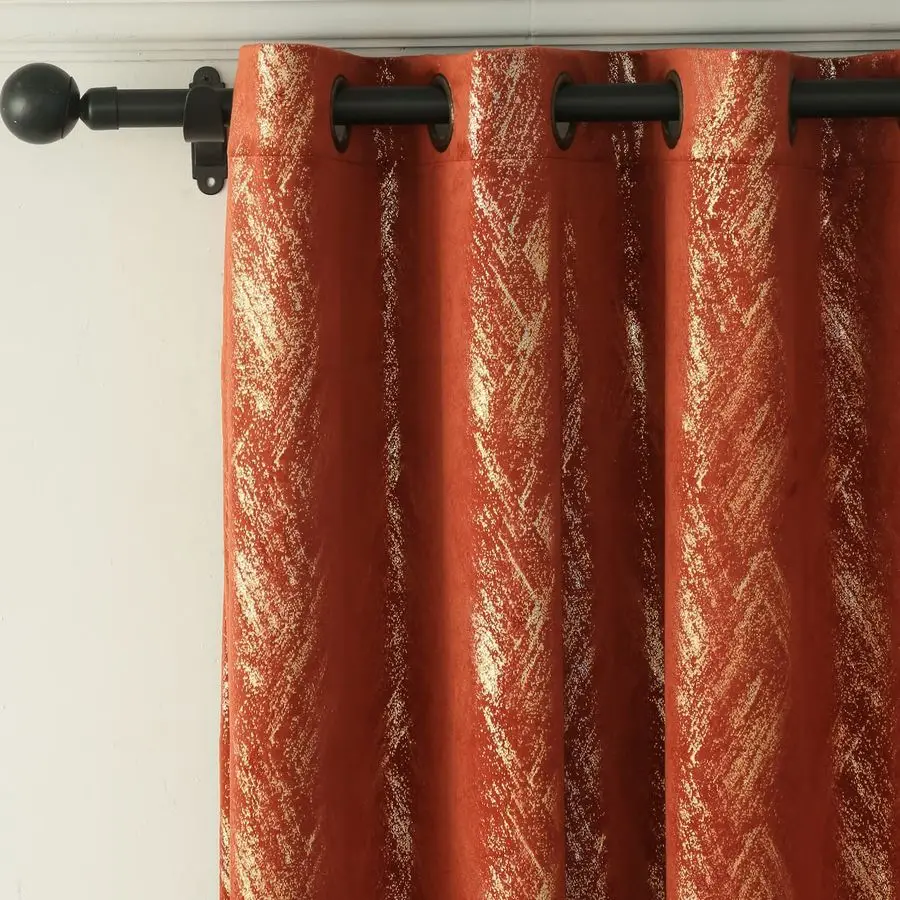 

Burnt Orange Velvet Curtains Champagne Gold foil Print Shiny Geometric Pattern Luxury Living Room Bedroom Thick Super Soft Therm