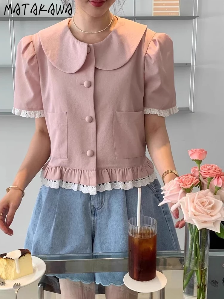 

Matakawa Short Blouses Puff Sleeve Lace Ruffles Spring Summer Sweet Women Shirts Korean Fashion Retro Elegant Blusas Mujer