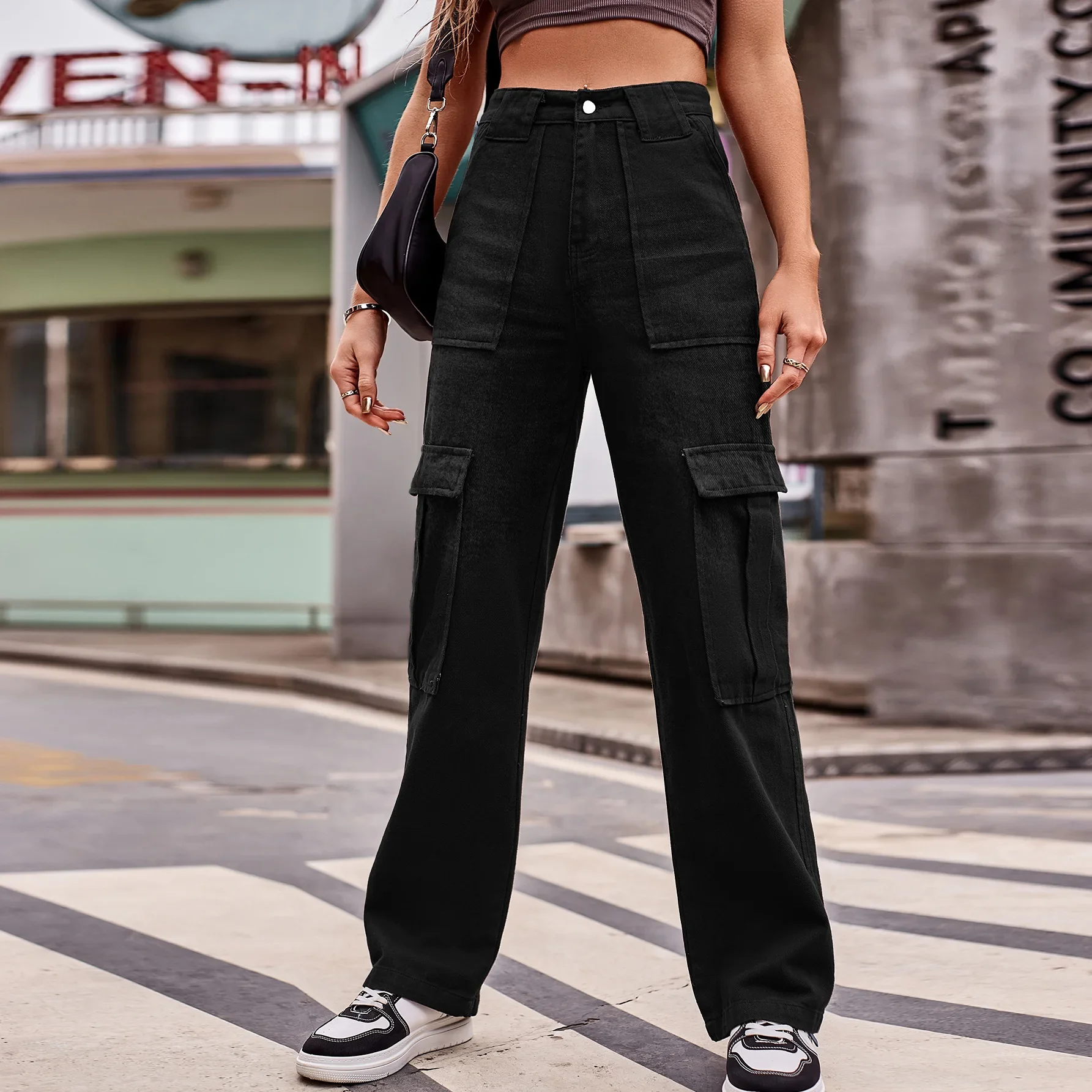 Pantalones Cargo para mujer, Vaqueros Vintage de cintura media con múltiples bolsillos, ropa informal estilo Hip Hop, Pantalones rectos lavados, otoño 2025