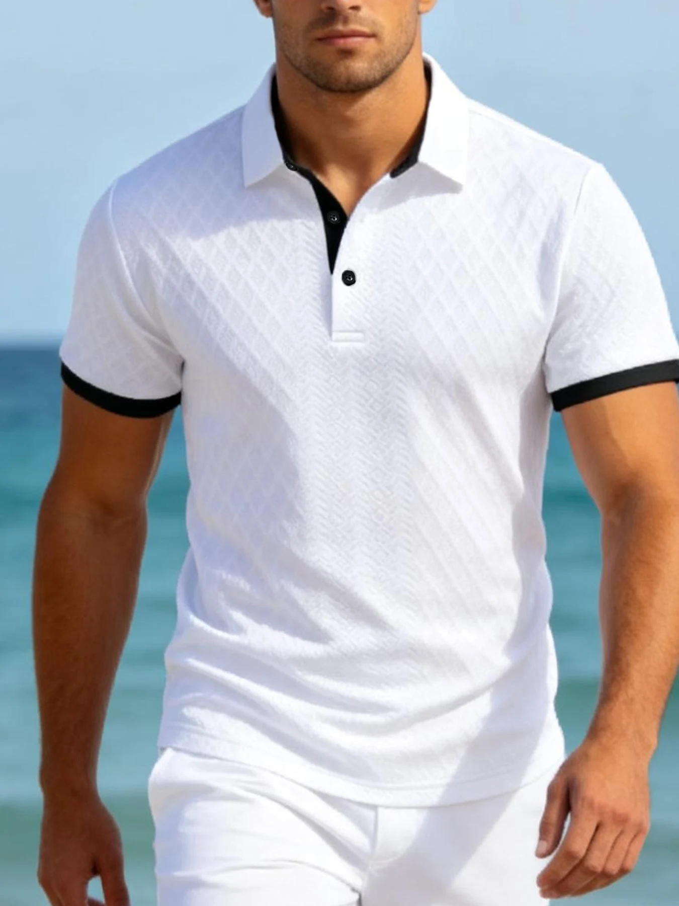 Men's Casual Sport Jacquard Color Block Short Sleeve Button Polo Shirt Flip-Front Knit Top