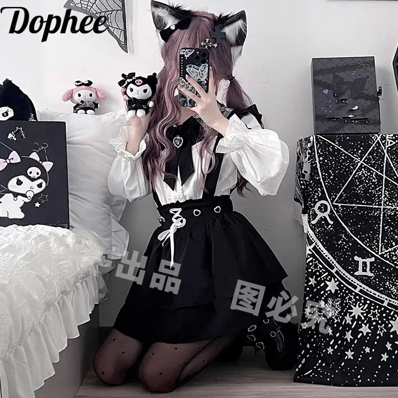 

Dophee Japanese Style Gothic Lolita Women Two-piece Set Lantern Sleeve Shirt Elegant Bow Top Diamonds Cute A-line Short Skirts