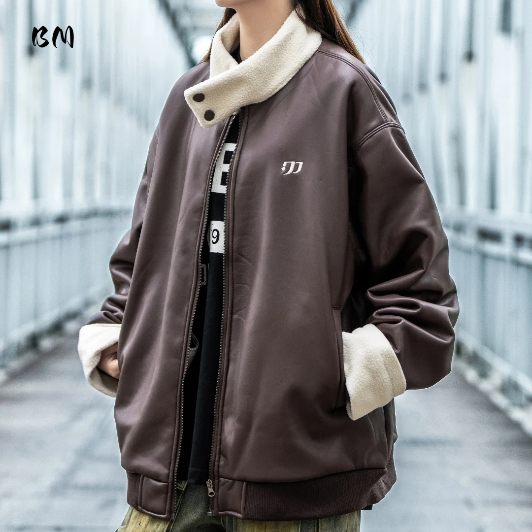 سترة شتوية للدراجات النارية من البولي يوريثان مبطنة بشيربا أمريكية عتيقة للجنسين، ملابس شتوية شديدة التحمل، معطف صوف بني عالي الجودة #1