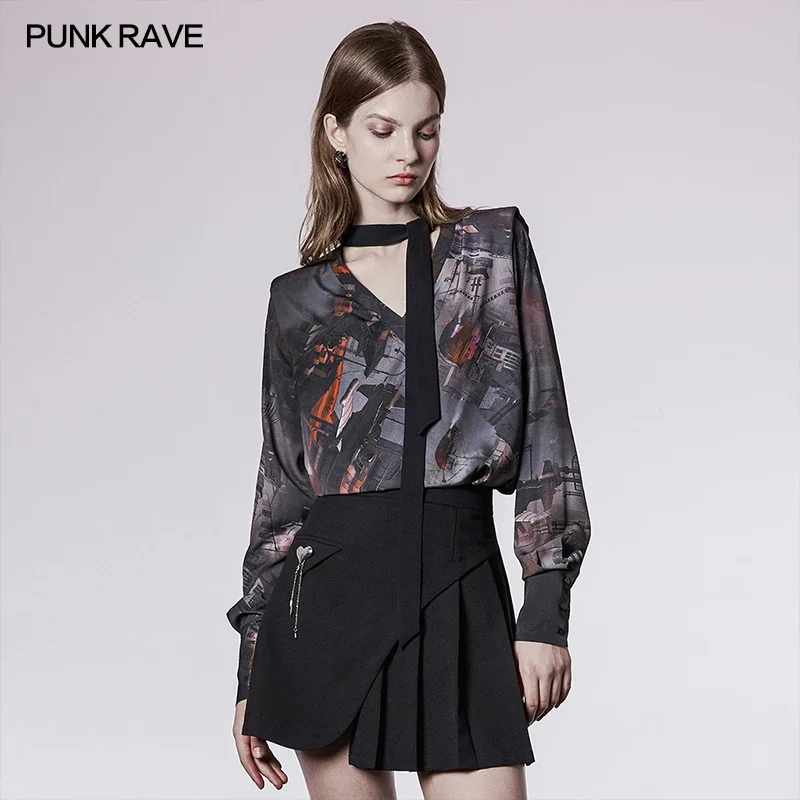 

PUNK RAVE Women's "Light Weight Waste" Series Printed Long Sleeve V-neck Shirts Collar Strap Decoration Fashion Tops Spring