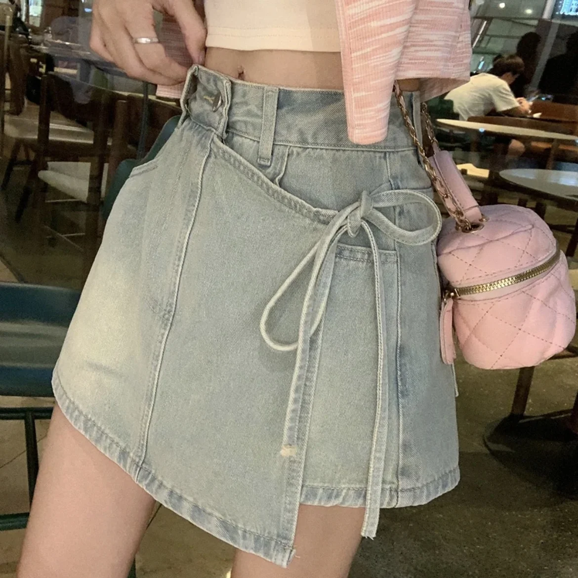 

Джинсовая юбка с высокой талией, женская весна-лето, новинка, необычная модная юбка с поясом, брюки, дизайн, чувственный вид из двух предметов