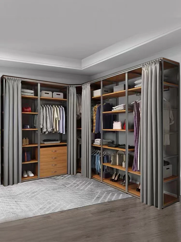 

Walk-in Open Wardrobe Cloakroom Metal Hanger Floor-to-ceiling Bedroom Wardrobe Shelf with Curtain Solid Wood