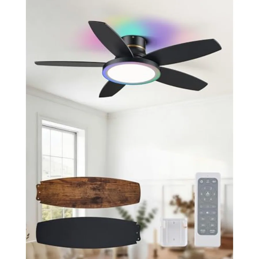 Bedroom living room ceiling fan: black metal, RGB + dimmable LED ring light, quiet reversible DC motor, 6 speeds, stepless dimm