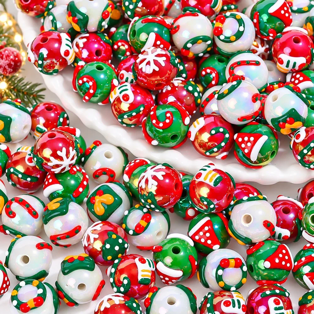 iYOE 5/10pcs 16mm Christmas Hand-Painted Acrylic Beads AB Iridescent Cane Santa Snowflake 3D Beads for Jewelry Making DIY Craft