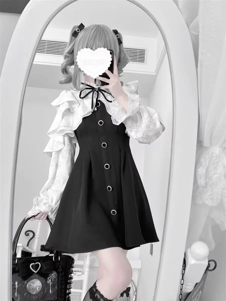 일본 카와이 로리타 드레스 여성 달콤한 Y2k 미적 레이스 패치 워크 가짜 두 조각 프릴 드레스 고딕 파티 미니 드레스
