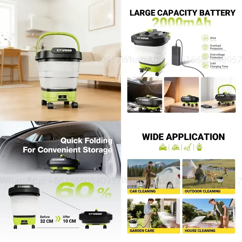 Foldable Bucket Electric Pressure Washer, 12L Portable Power Cleaner with Wheels for Car Wash, Patio and Outdoor Cleaning