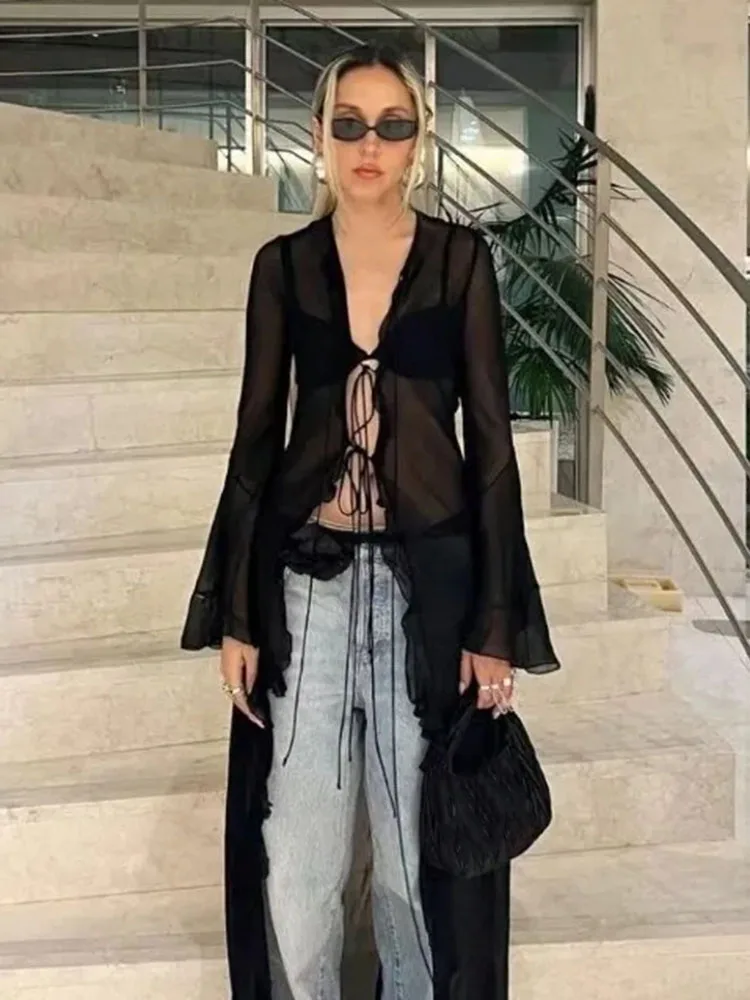 Vintage Y2k Black See Through Long Cardigan Women Sexy Grunge V-neck Streetwear Tops Summer Chic Aesthetic Bandage Slim Blouse