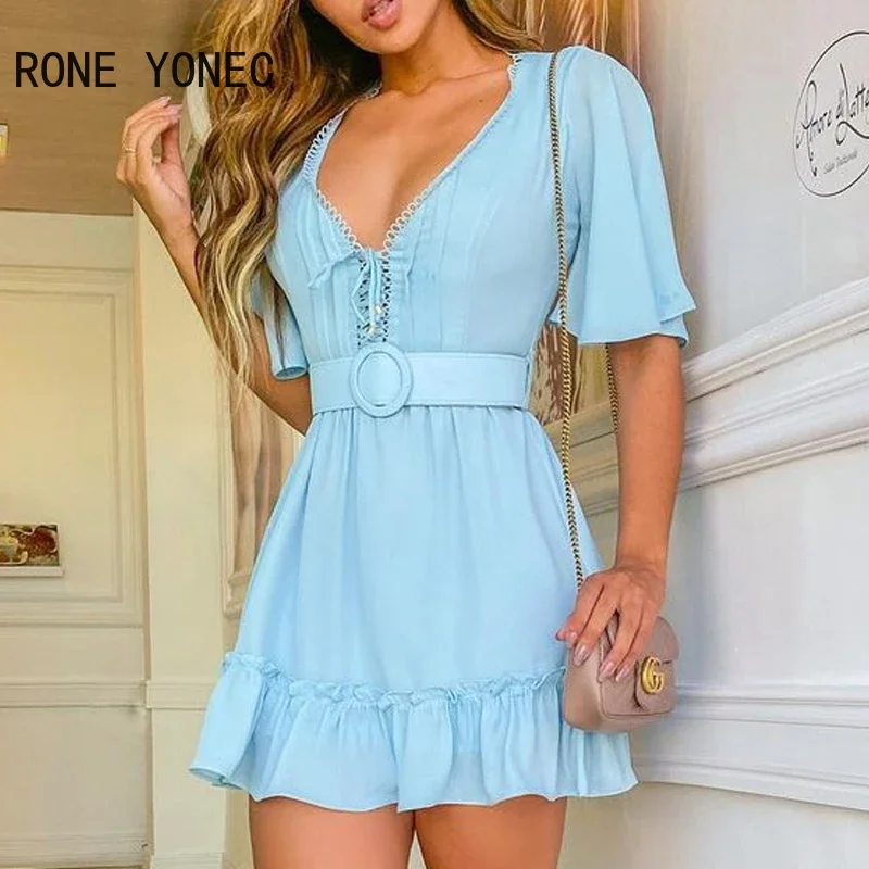 Women Lace-up Ruffles Frill Hem Casual Dress Casual Vacation Dress 2021