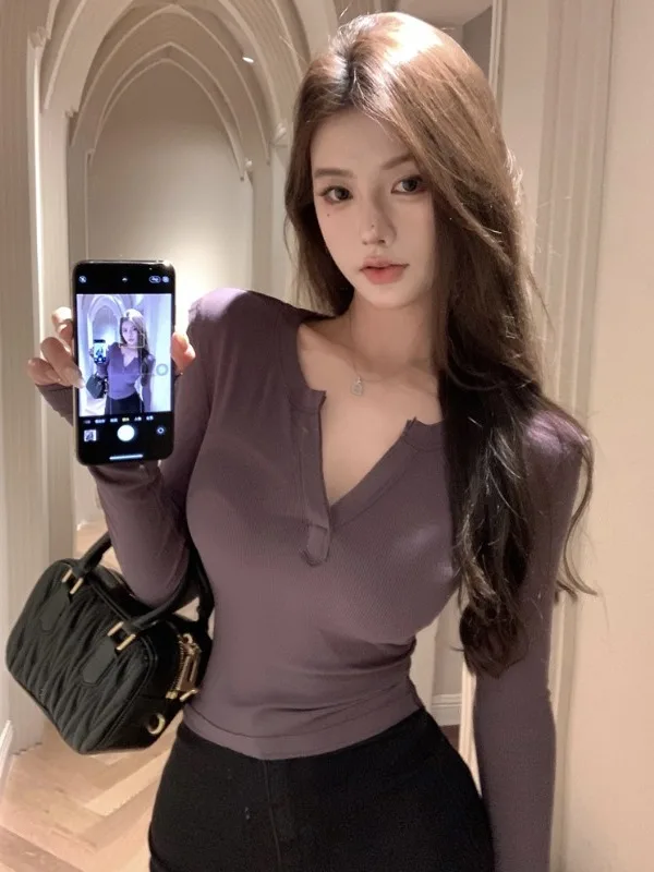 

Sexy Tight Fit Long Sleeve V-Neck T-Shirt Women's Autumn Winter New Style Pure Color Base Shirt Inner Wear Show Chest