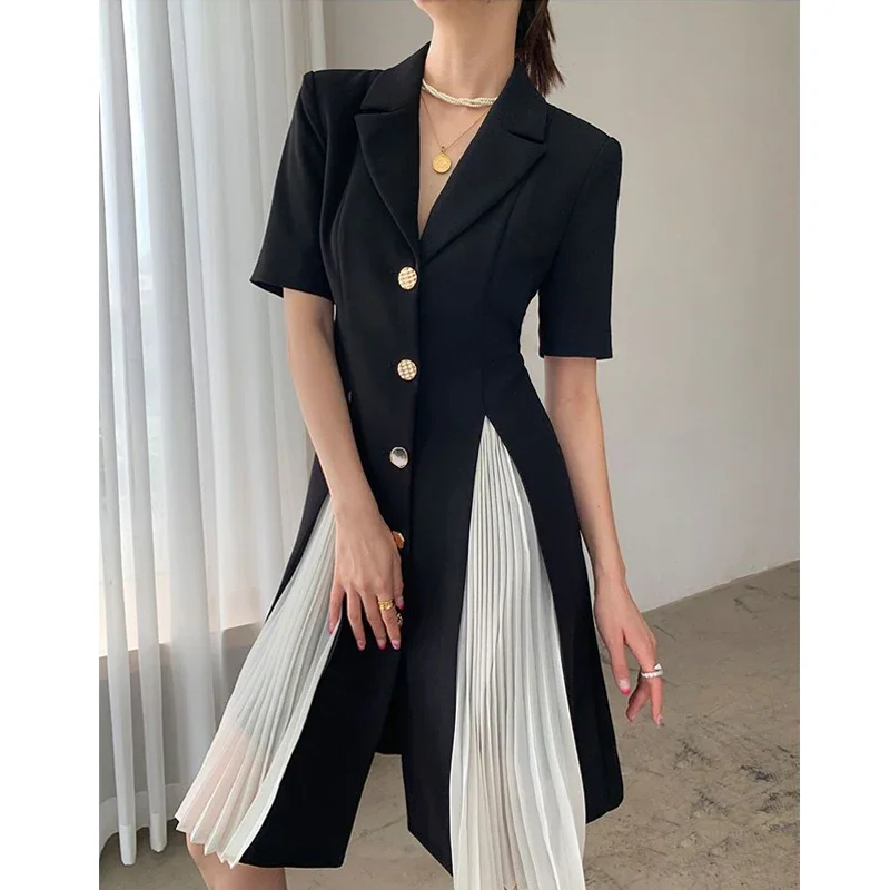 

Women Summer Notched Neck Pleated Patchwork Elegant Dresses Fashion Single Breasted Business Casual Office Slim Midi Dress B33