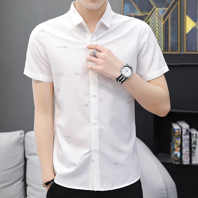 

Elegant Casual Ice Silk Short Sleeve Shirt Men's Slim Fit Business Shirt No Ironing Summer Fashion Urban Style Breathable Pol...