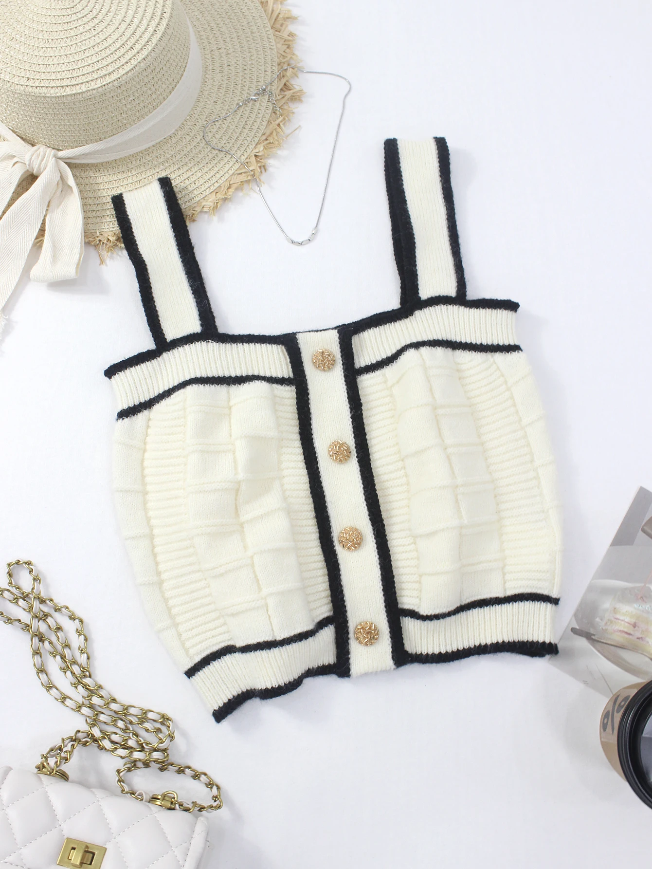 Women's Sexy Square Collar Splice Color Single Button Design Slimming Knitted Tube Top Vest Top