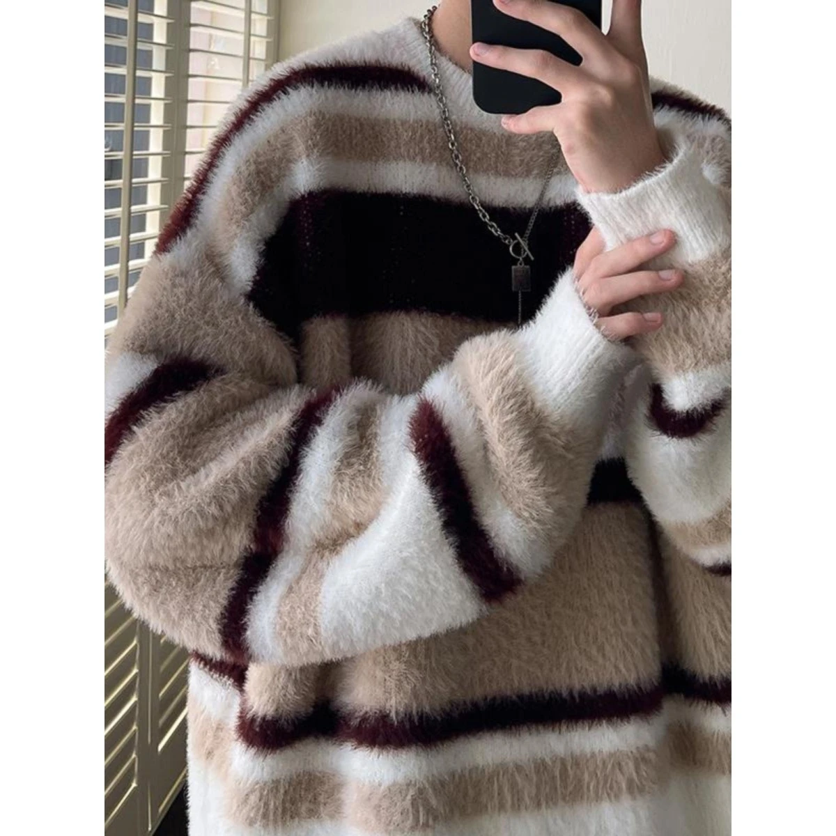 

Thiened Soft Mouton Men's Striped Knitwear Autumn Winter Oversize Casual Faion Brand Lazy Sle Polyester Fiber Long S...