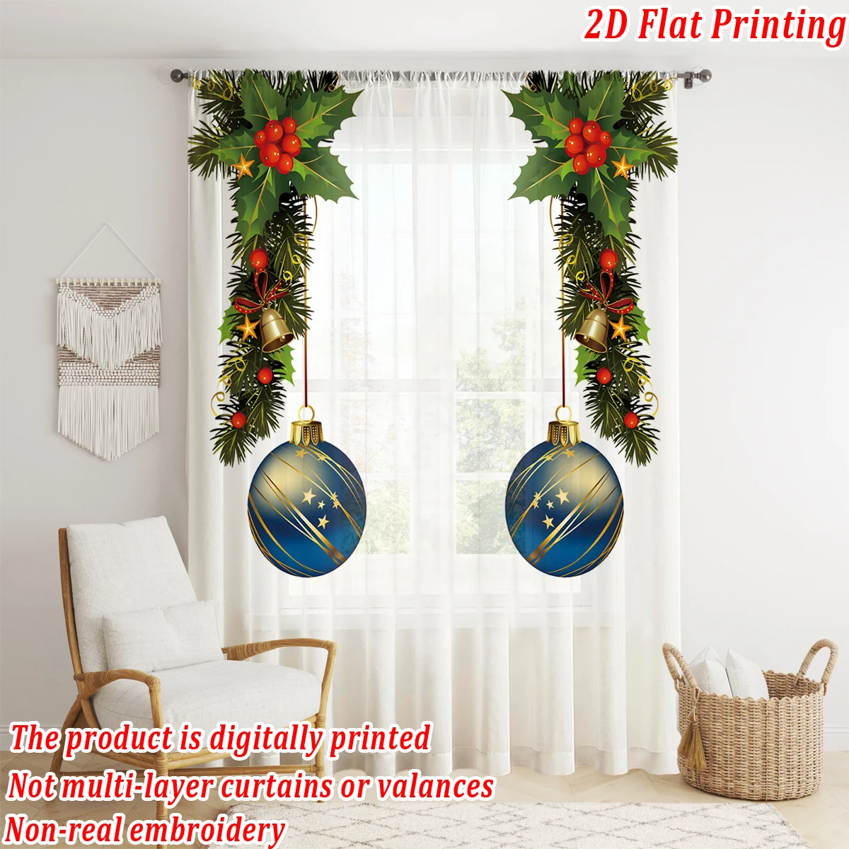 ستارة شفافة مطبوعة مسطحة لعيد الميلاد مع جرس فرع الصنوبر الهدال لعيد الميلاد لغرفة المعيشة وغرفة النوم وحفلات العطلات