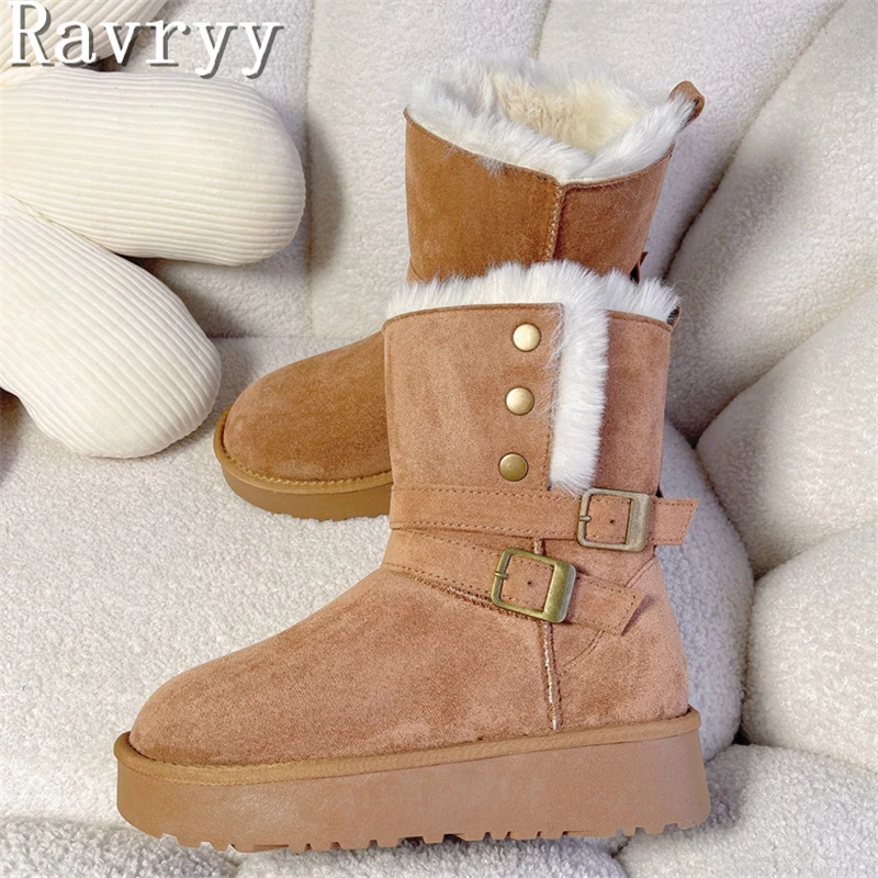 

Winter New Belt Buckle Snow Boots for Women Suede Leather Round Toe Platform Thick Bottom Warm Cotton Shoes