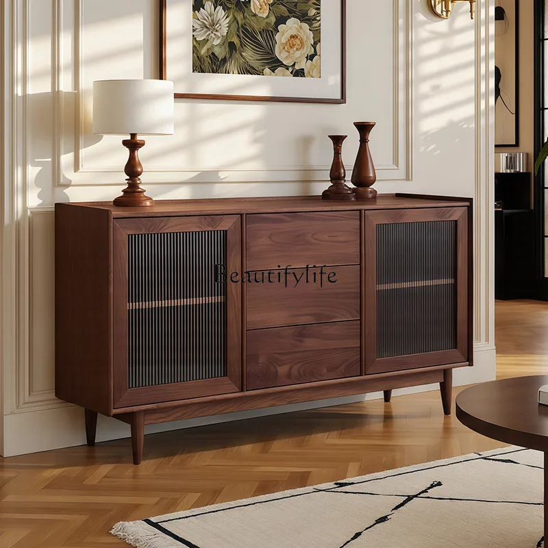 

Medieval wabi-sandy wind solid wood dining side cabinet, living room integrated storage storage cabinet against the wall