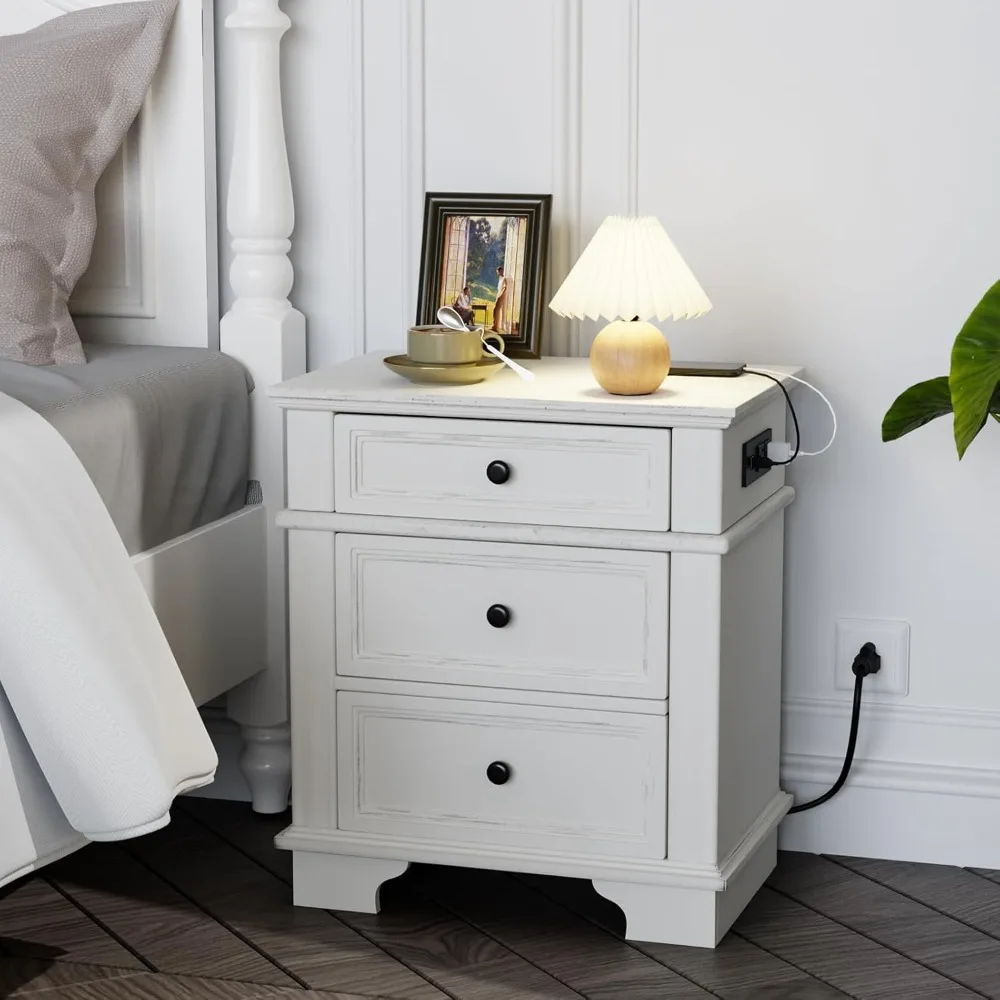 

Bedside table with charging station, 24-inch wide bedside table with 3 textured drawers, bedroom bedside table