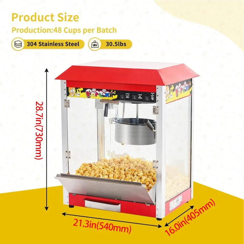 1400W Commercial Electric Popper 10 oz Kettle Countertop Popcorn Maker 50 Cups/Batch 3-Switch Control