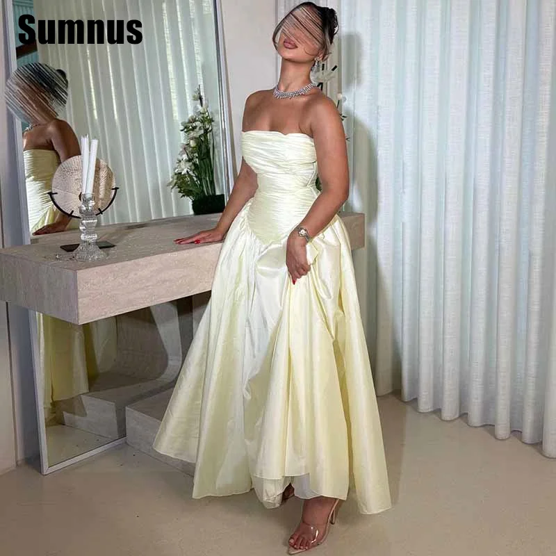 

Sumnus Simple A-Line Evening Dresses Light Yellow Strapless Sleeveless Pleats Party Dresses Ankle-Length Prom Dresses Customized