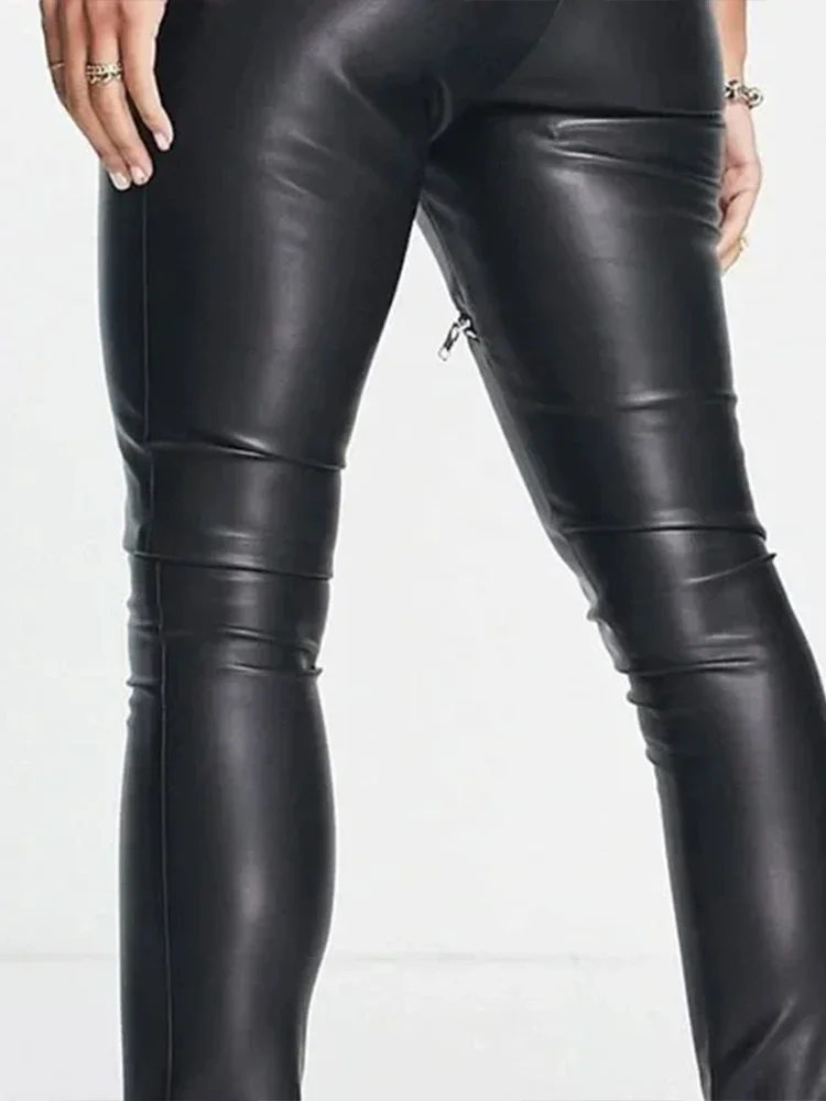 Black Matte Leather Pants Women High Waist Front Double Zip Trousers Ladies Stretch PU Slim Pants Hem Side Split Clubwear Custom