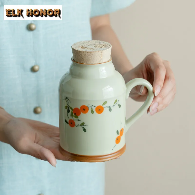 710ml Hand Drawn Persimmon And Ruyi Teapot Boutique Ceramic Teapot With Lid Retro Pot Tea Making Kettle Tea Ceremony Ornaments