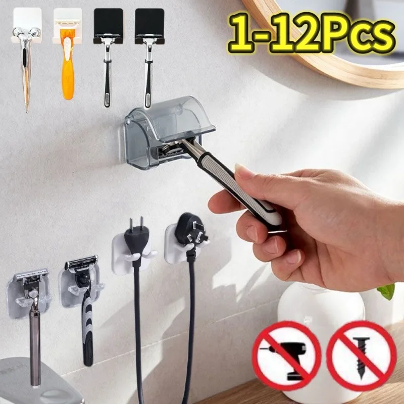 1-12 Wandmontierter selbstklebender Rasiererhalter für Dusche, Badezimmer, Rasiererständer, Herrenrasierer, Rasierpinsel, Klingenhalter, Aufbewahrung, Kunststoffhaken