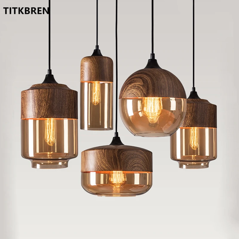 

Nordic Modern Pendant Lights Wood Color Metal Glass Lampshade Home Hanging Lamp Dinning Living Room Vintage Fixture