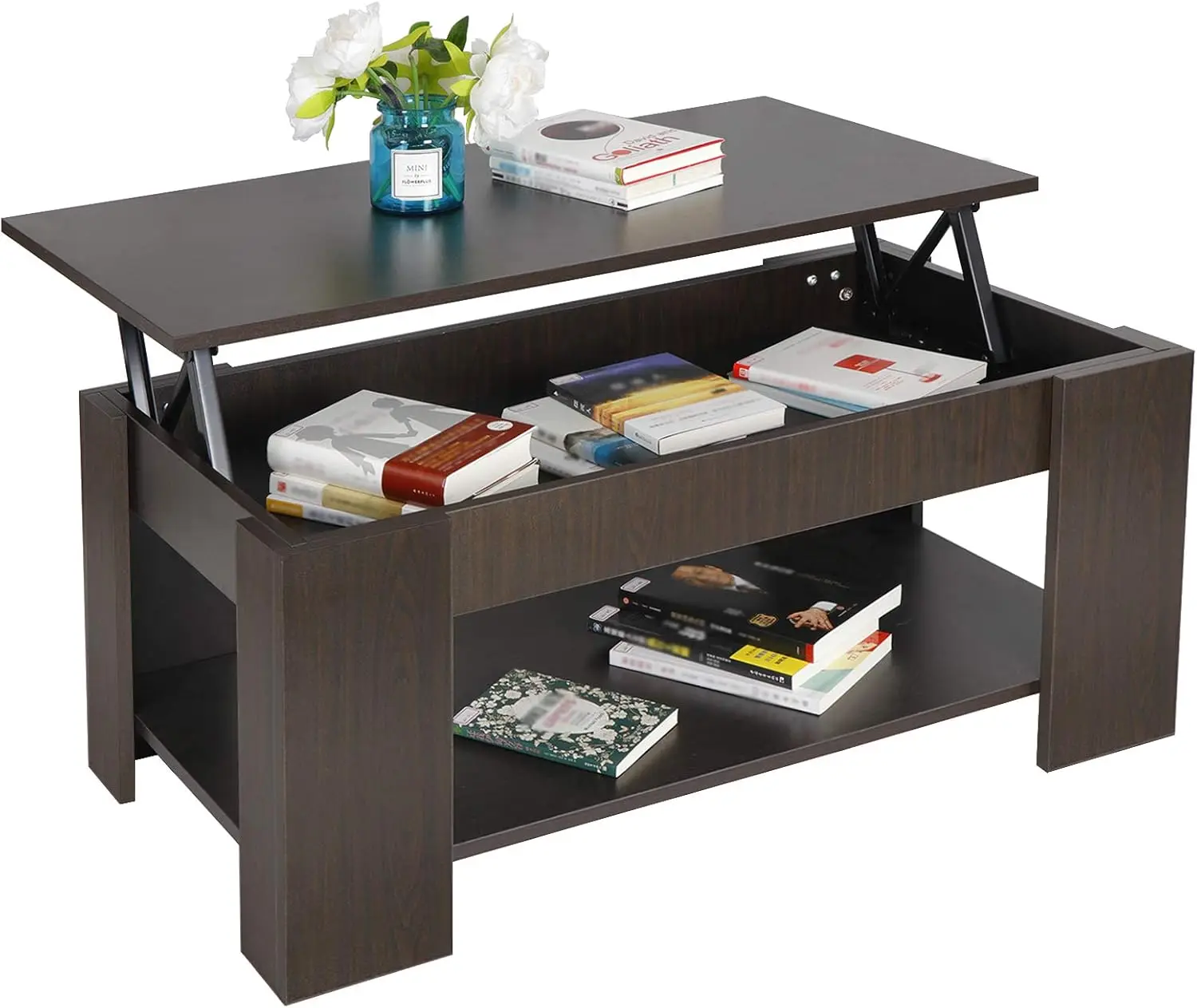 Table basse relevable avec compartiment GNE et étagères de rangement, mobilier moderne pour la maison, le salon, la décoration