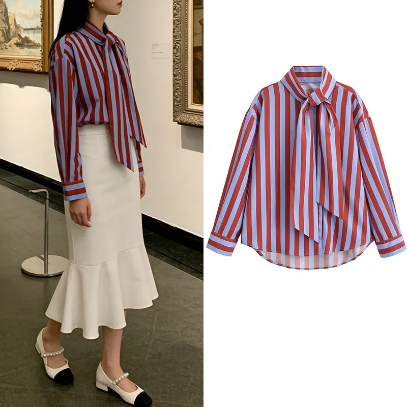 

Preppy Style Stripe Shirt Women Red Blue Vertical Stripe Tie Neck Curved Hem Casual Blouse