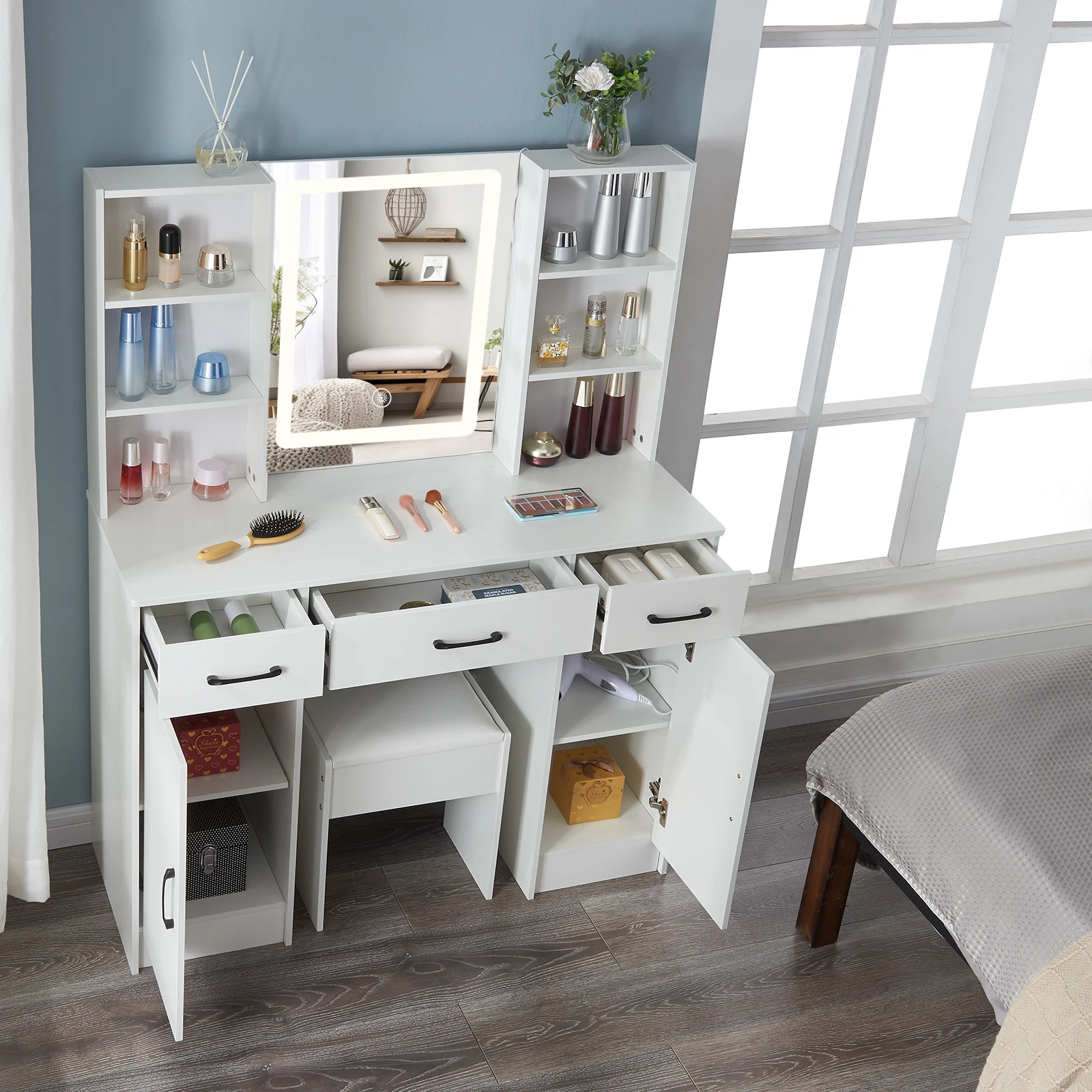 【صفقات 11.11، عروض الجمعة السوداء 2025】مجموعة زينة كبيرة بمرآة مضاءة LED وطاولة مكياج مكونة من 3 أدراج