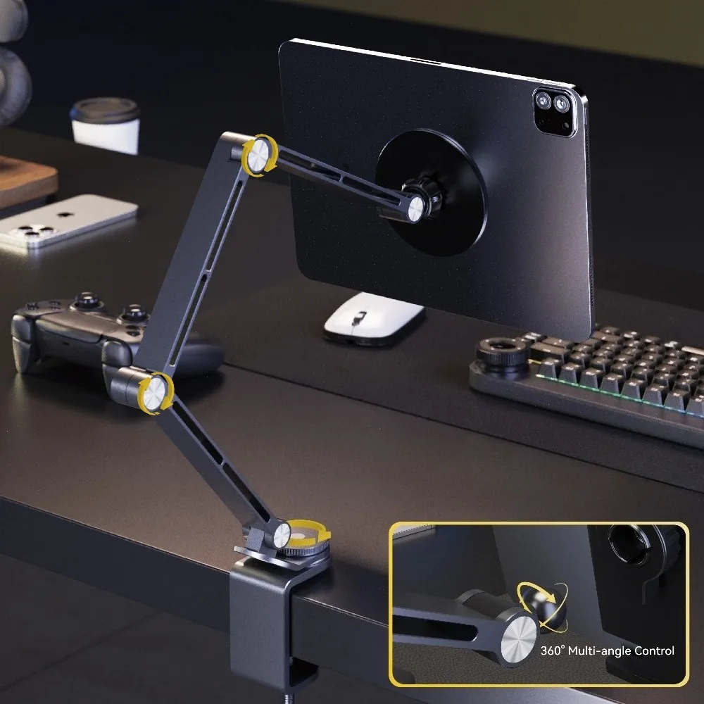 Tablet Stand for Desk, iPad Desk Mount, Magnetic Tablet Holder for Desk, Foldable Phone Arm Mount with 360° Adjustable Rotatable